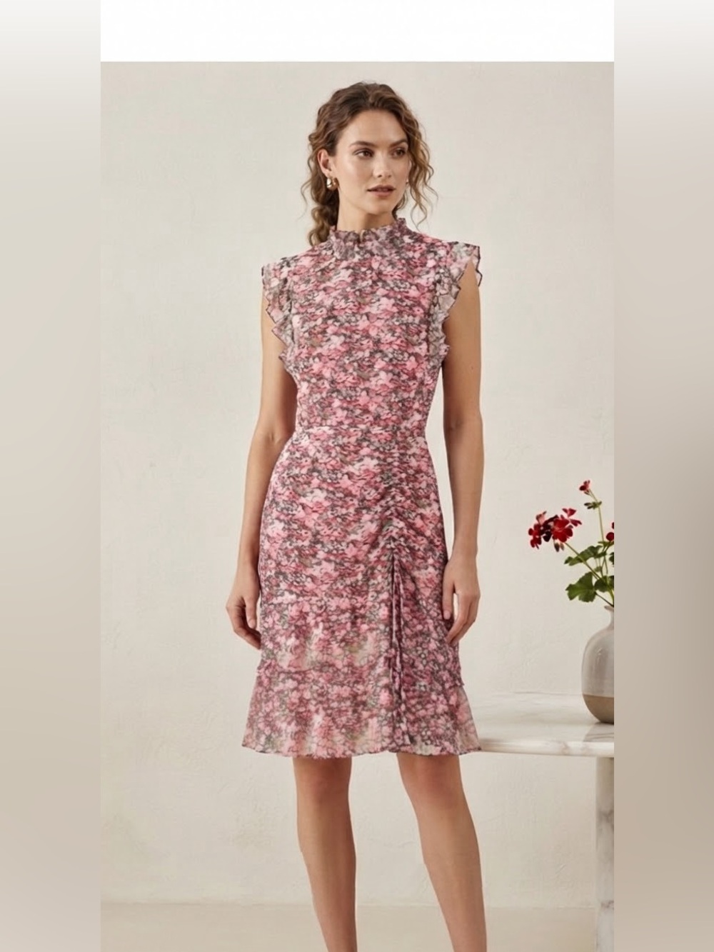 Sam Edelman Pink Floral Midi Dress with Ruffle Trim